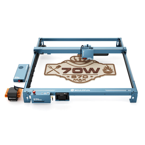 SCULPFUN S70 Max 70W graveur et coupeur laser, vue avant, conçu pour la gravure et la découpe de bois avec précision, idéal pour les projets de travail du bois.