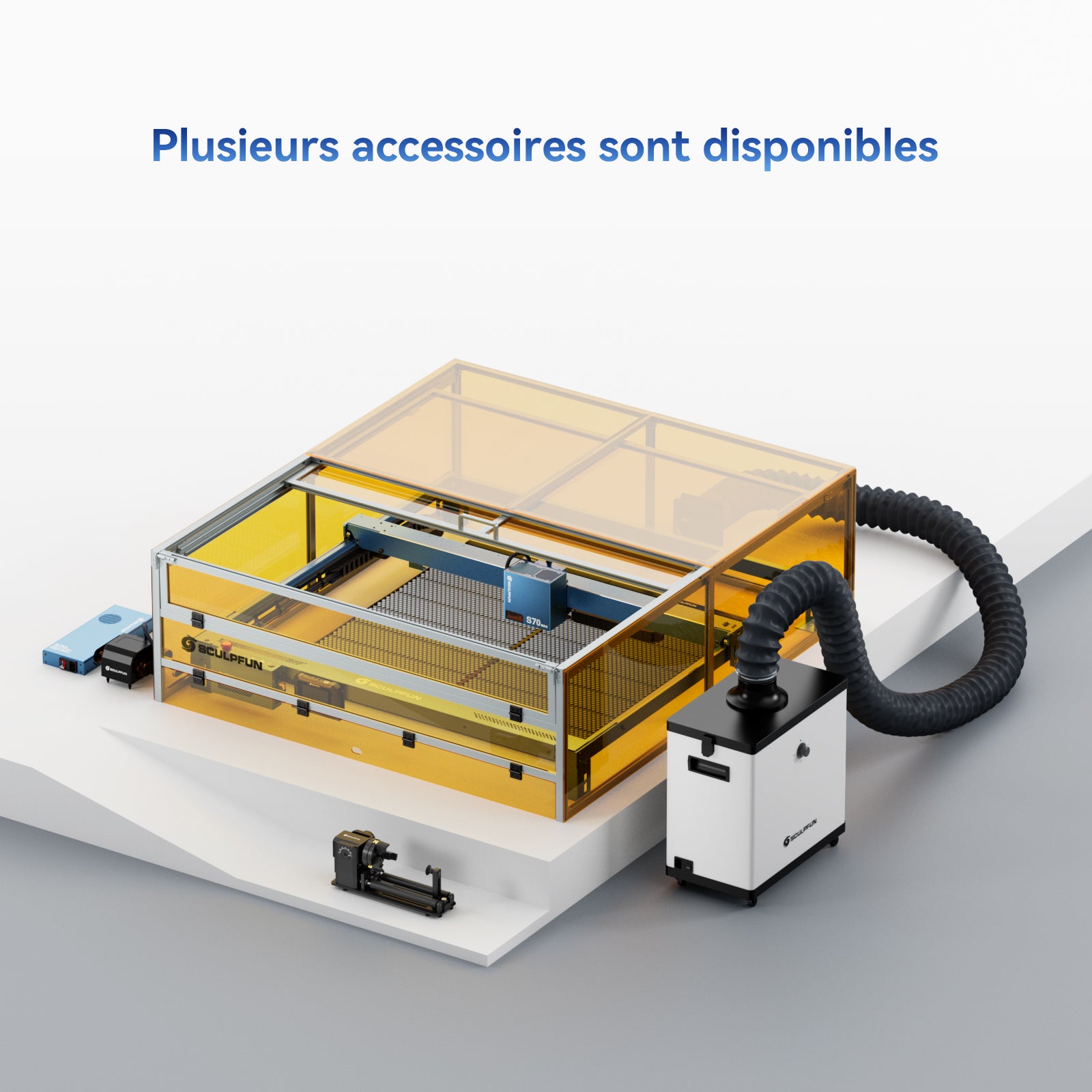 Graveur laser SCULPFUN S70 Max compatible avec plusieurs accessoires tels que le panneau en nid d'abeille H4, le caisson d'extraction B70 et le purificateur de fumée SP1